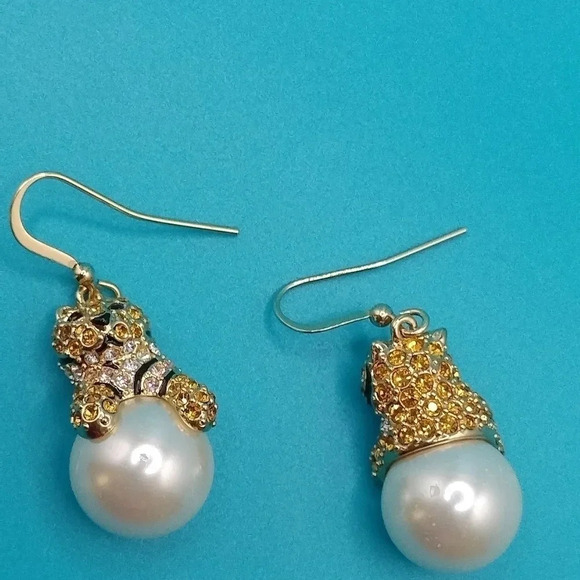 JTV Gold tone Dangle Multicolored Rhinestones Faux Pearl - Picture 6 of 11